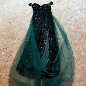 Emerald Green Sequin and Velvet Off-Shoulder Prom Dress
